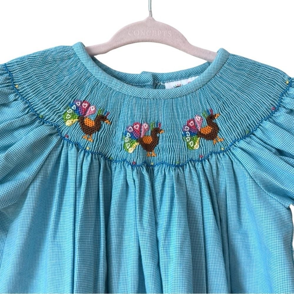 Smockadot Kids 2T Blue Gingham Smocked Peacock Short Puff Sleeve Ric-Rac Ruffle